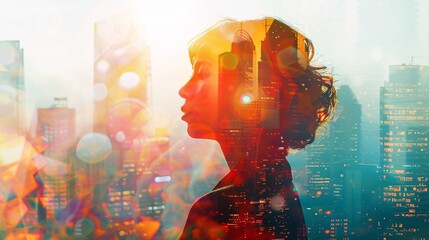 Double Exposure of Woman with Glasses and Cityscape. Blending Urban Buildings with Female Portrait, Highlighting Modern Urban Life and Reflection.