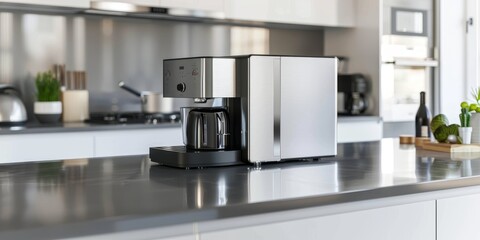 Modern kitchen appliance in a sleek, stainless steel finish, set against a bright, minimalist kitchen background, showcasing practicality and design
