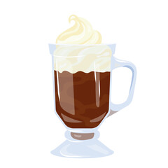 Irish coffee cup with whipped cream. Glass of irish coffee cocktail icon. Traditional irish coffee with whiskey, sugar and cream vector. Vector illustration isolated on a white background.