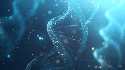 Dark blue background with DNA strands in white dots, medical science theme