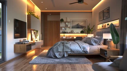 A cozy studio apartment design featuring a combined bedroom and living space, soft lighting and stylish decor creating a warm and inviting atmosphere