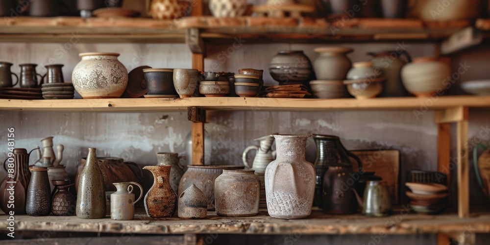 Poster artisanal pottery pieces arranged on a rustic shelf, highlighting the unique craftsmanship and artis