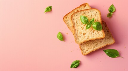 Bread slices with a vibrant plant on a light pink surface Flat lay composition with space for text Simplistic and surreal theme promoting a healthy diet