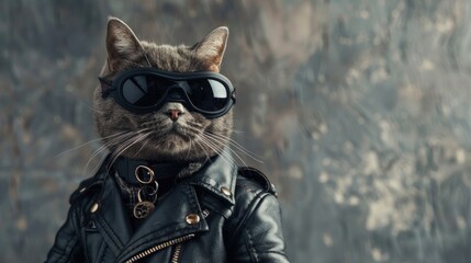 British cat in biker outfit on gray background with space for text