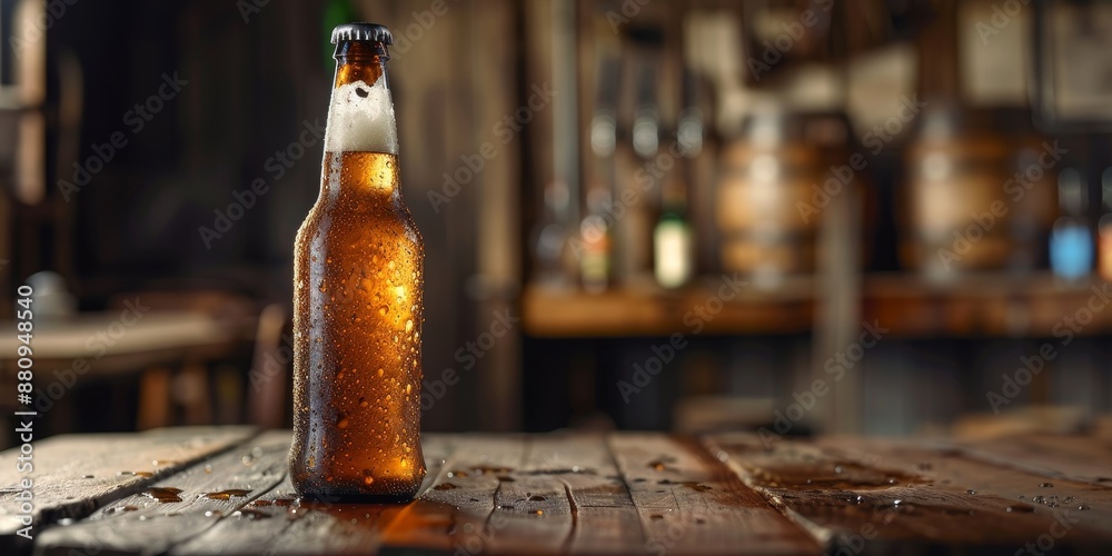 Poster craft beer bottle with condensation, set against a rustic pub scene, capturing the refreshing appeal