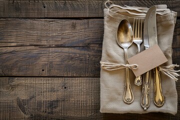 Top view of a rustic table setting with vintage silverware and an empty tag on a napkin, placed on a wooden background. Ideal for web banners with space for copy text