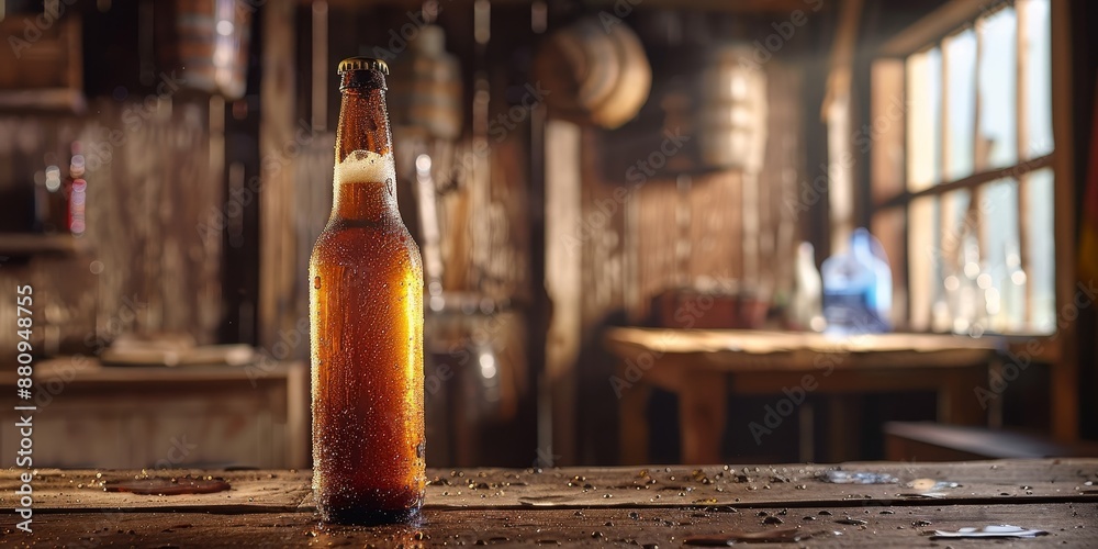 Poster craft beer bottle with condensation, set against a rustic pub scene, capturing the refreshing appeal