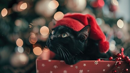 Black cat in festive attire resting on box