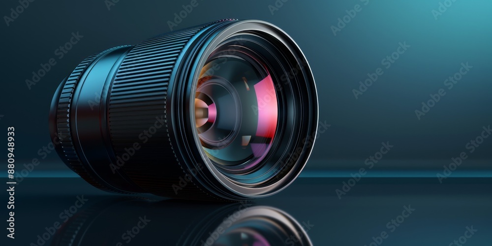 Aufkleber Cutting-edge camera lens positioned on a glossy surface, with reflections emphasizing the precision and craftsmanship of professional photography gear