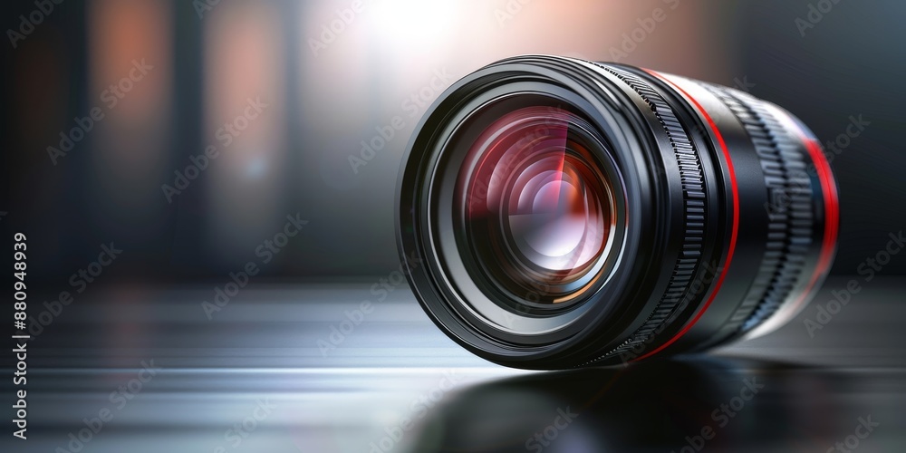 Poster Cutting-edge camera lens positioned on a glossy surface, with reflections emphasizing the precision and craftsmanship of professional photography gear