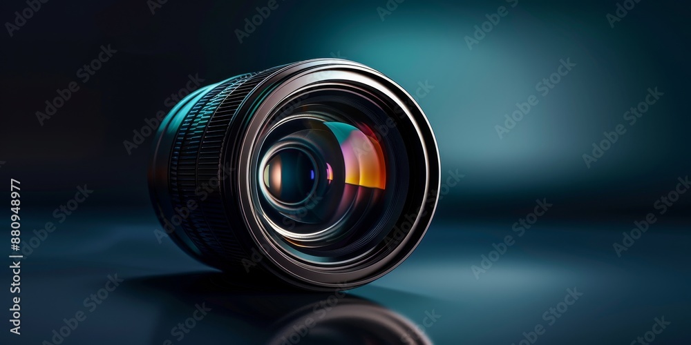 Poster Cutting-edge camera lens positioned on a glossy surface, with reflections emphasizing the precision and craftsmanship of professional photography gear