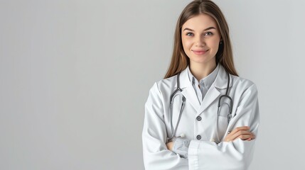 Confident female doctor with stethoscope. Medical professional in white coat standing with arms crossed on gray background.