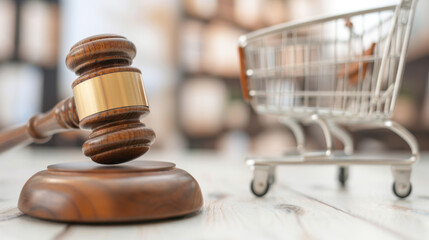 Gavel and shopping cart on a table, symbolizing online shopping, e-commerce laws, and consumer rights in a digital marketplace.