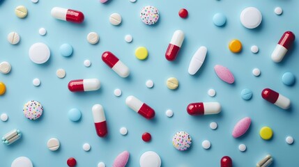 Assorted prescription pills in vibrant hues adorn a cerulean background offering a comprehensive blend of essential vitamins minerals and nutrients.