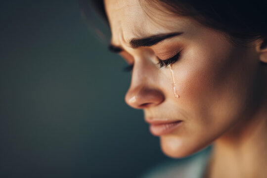 Close-up of a woman crying, displaying intense emotion and sadness, with tears streaming down her face, conveying deep feelings and empathy.