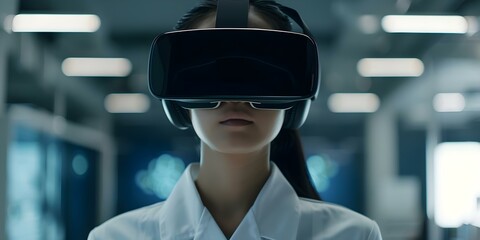 Female scientist utilizes VR goggles in dimly lit workspace with holographic data. Concept Technology, Virtual Reality, Female Scientist, Workspace, Data Analysis