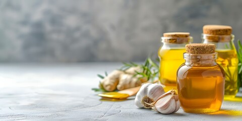 Organic Ginger, Garlic, and Honey Products for Cold Relief Healing Remedies. Concept Organic Products, Ginger, Garlic, Honey, Cold Relief, Healing Remedies