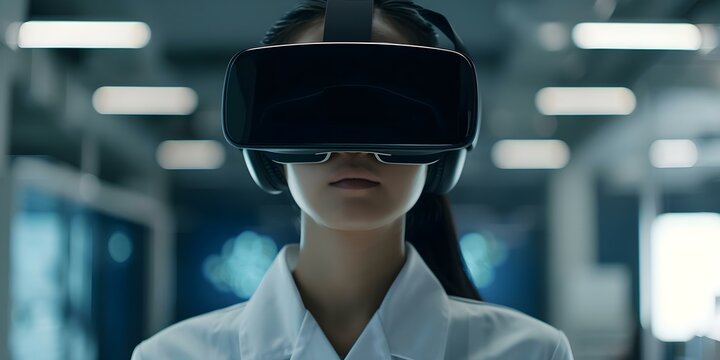 Female scientist utilizes VR goggles in dimly lit workspace with holographic data. Concept Technology, Virtual Reality, Female Scientist, Workspace, Data Analysis - Powered by Adobe