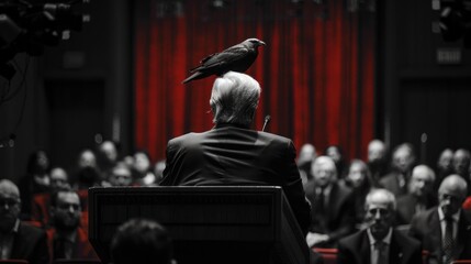 Man With a Crow on His Head During a Speech