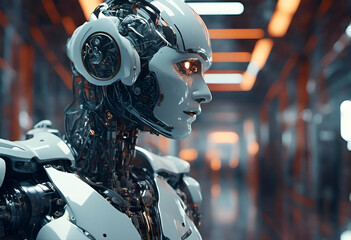 a robot in a large room looking back at someone who is holding something in their