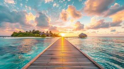 Naklejka premium Maldives sunset water villas resort , Best Maldives resorts for sunset views , Maldives luxury water villas with private pool sunset