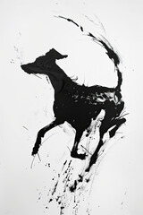 A black and white sketch of a dog running