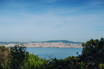Fototapeta premium View of Istanbul skyline from Buyukada Island, with the sea and greenery in the foreground, under a blue sky
