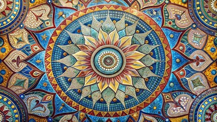 A colorful mosaic of a flower with a blue center