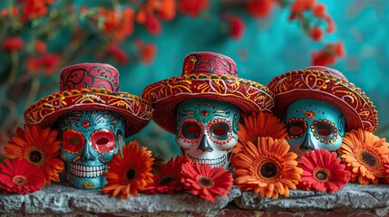 Fototapeta premium day of the dead dia de los muertos celebration background,sugar skull masks on stone table