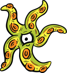 Hand Drawn Cartoon Octopus or Starfish Character Cute With Tentacles and Suckers