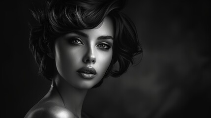 Fototapeta premium a woman in black and white with short wavy hair and bare shoulders. Studio photography with dramatic lighting. Fine art and beauty concept for design and print. Headshot