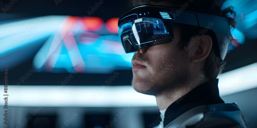 Poster man with glasses using futuristic augmented reality to interact with holographic car interface. conc