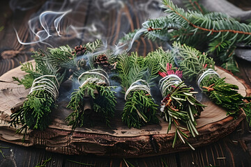 Evergreen cleansing sticks for Yule winter solstice Christmas celebration. Different types of smoke cleanings bundles made from cedar. Alternatives to sage smudge sticks on dark wooden table