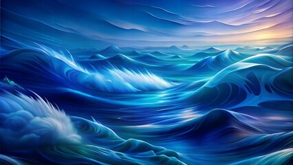 A painting of a large wave in the ocean with a bright blue color