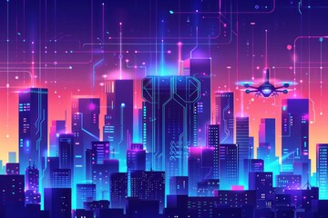 Flat design illustration showcasing a futuristic cityscape with skyscrapers and advanced technology elements. The background features a gradient with abstract shapes, representing the integration of