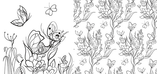 Set of illustration and Seamless black and white pattern with butterflies and flowers. Coloring book for girls or textile