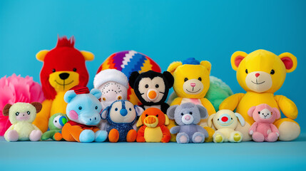 Fototapeta premium cute colorful 90s stuffed animals together on a bright, playful background