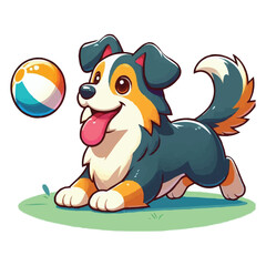 Dog playing with a ball vector illustration  isolated on white background, bright colorful , cartoon style