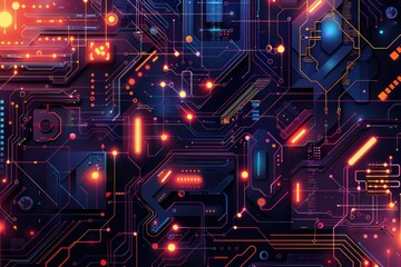 Abstract flat design illustration of a technology-themed background. The scene includes various 3D geometric shapes, circuit patterns, and a gradient color palette. The combination of these elements