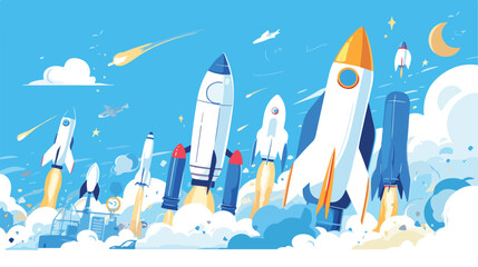 Background of business start-up rockets. flat vector