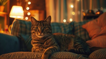 Striped cat at home, cozy living room with warm ambient lighting, peaceful and inviting atmosphere