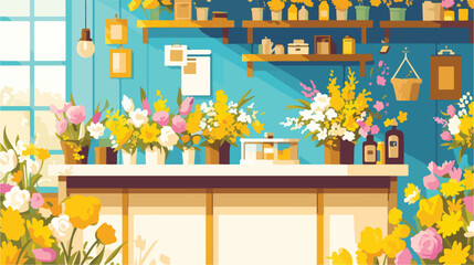 Background of flower shop. Counter with cash box 