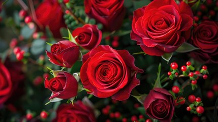 Obraz premium Bright red roses in a festive greeting card bouquet