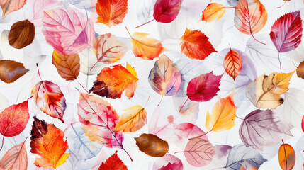 Colorful watercolor autumn leaves seamless pattern on white background