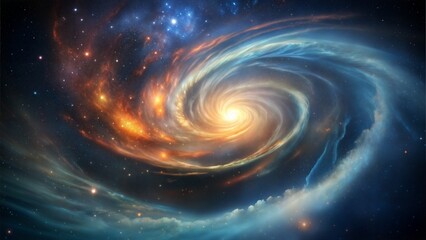 A spiral galaxy with a bright yellow star in the center