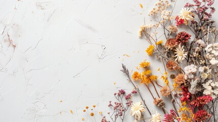 Floral arrangement with dried flowers on white background space for text