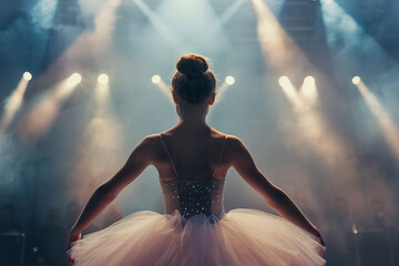 Fototapeta premium Generative AI picture of beautiful charming ballet dancer ballerina in stage ballroom gown