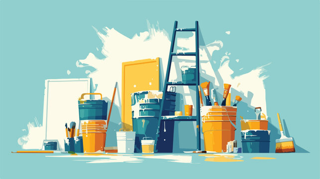 Background of wall with paint cans and ladder. 