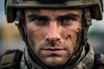 Obraz premium Closeup portrait of soldier in uniform and armor during a battle generative ai