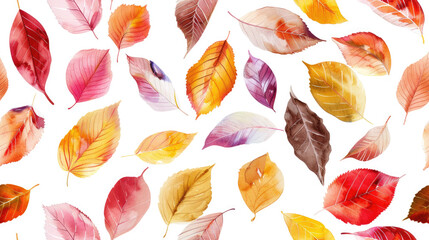 Colorful watercolor autumn leaves seamless pattern on white background
